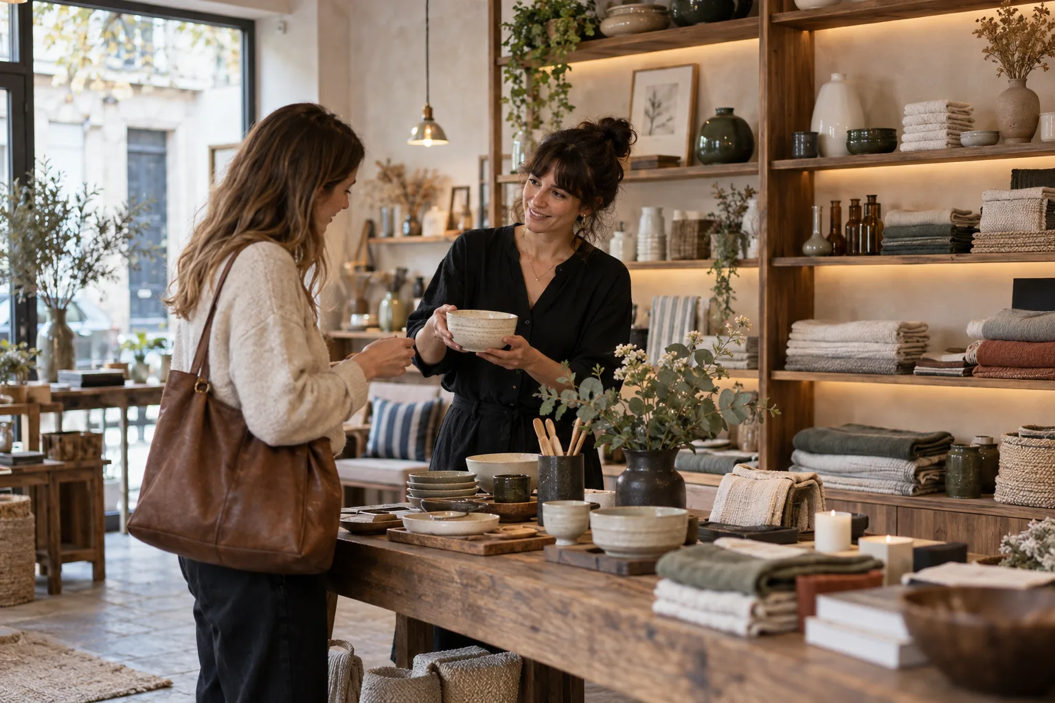 Commerçante accompagnant une cliente dans sa boutique