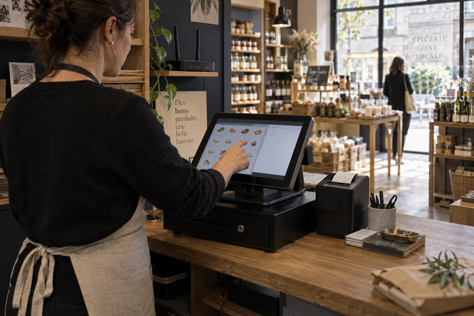Poste de caisse utilisé par une commerçante derrière son comptoir