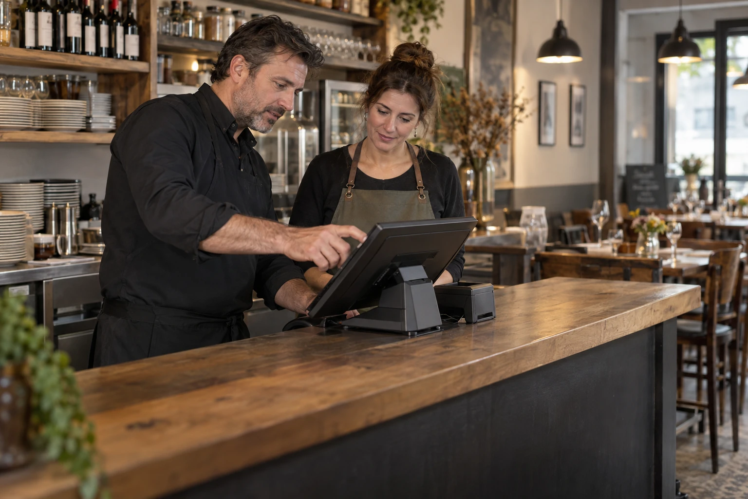 Deux professionnels règlent la caisse derrière le comptoir d’un restaurant