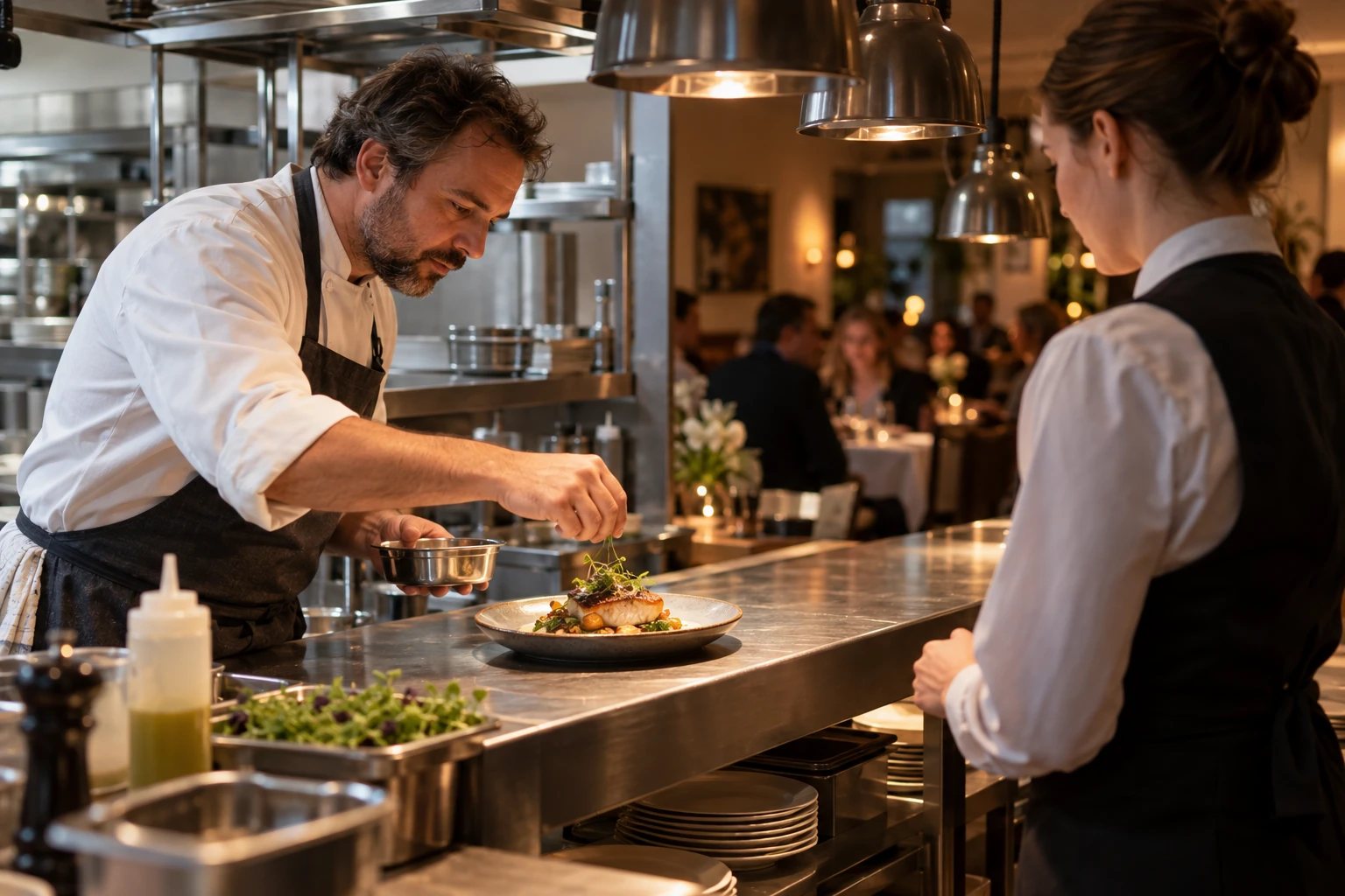 Restaurateur dressant une assiette dans la cuisine de son établissement