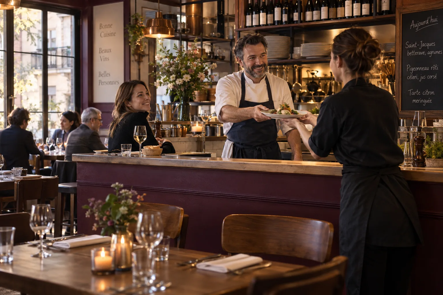 Restaurateur remettant un plat à une serveuse dans son établissement