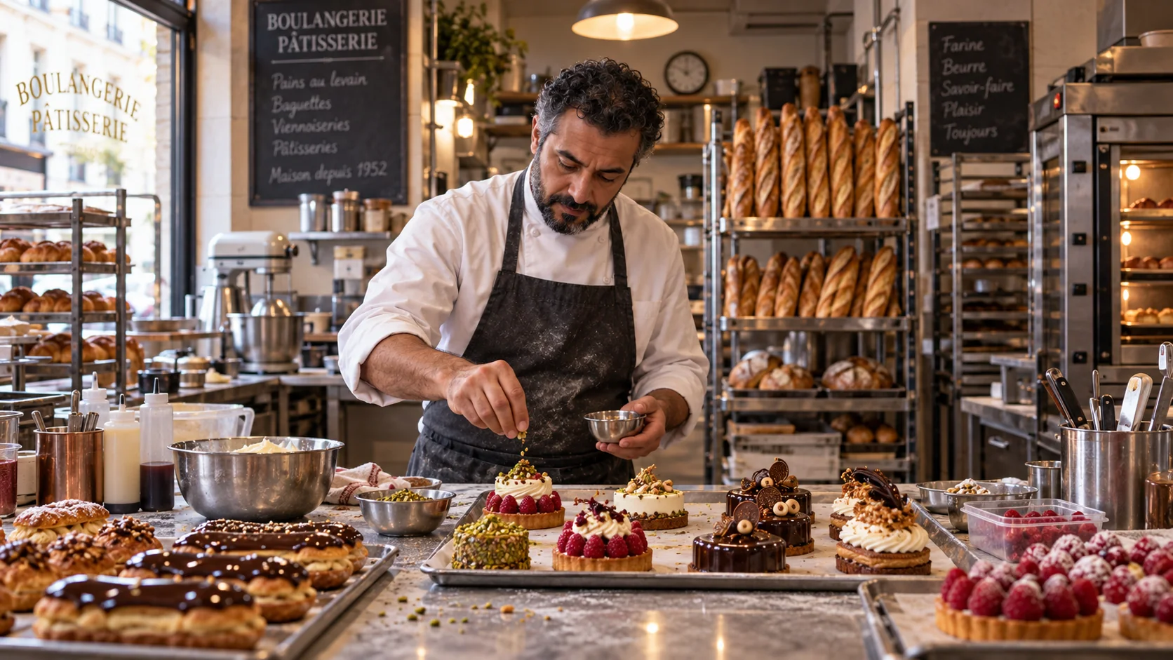 Un pâtissier apporte la dernière touche à ses créations dans son atelier.