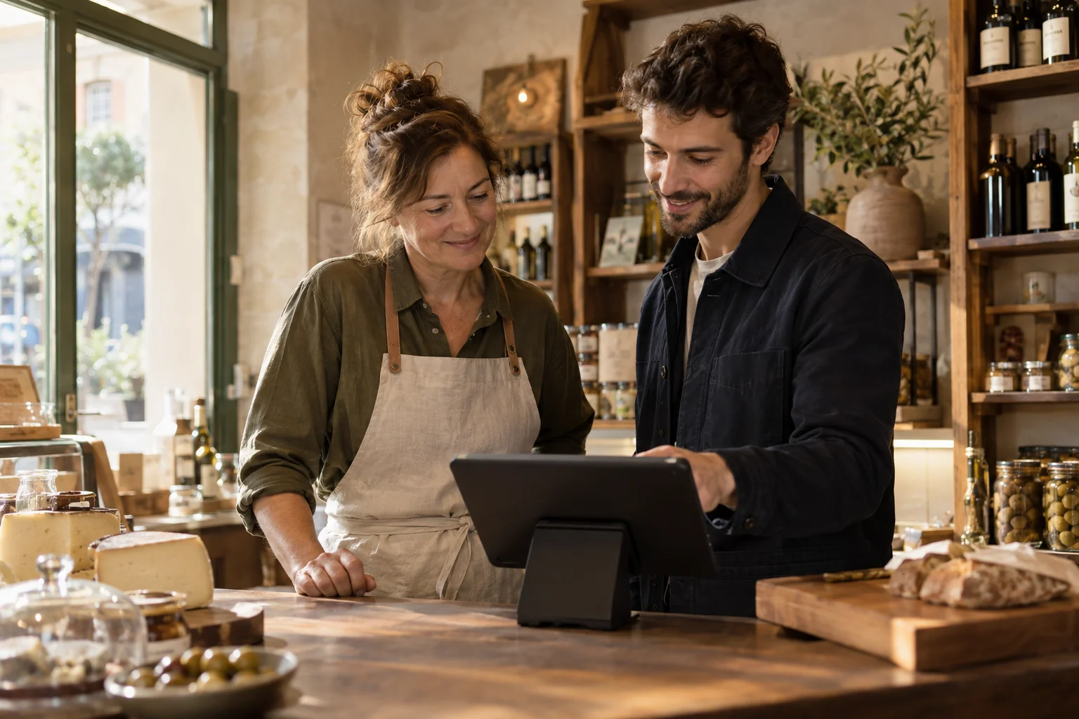 Une commerçante découvre sa caisse aux côtés du technicien dans sa boutique.