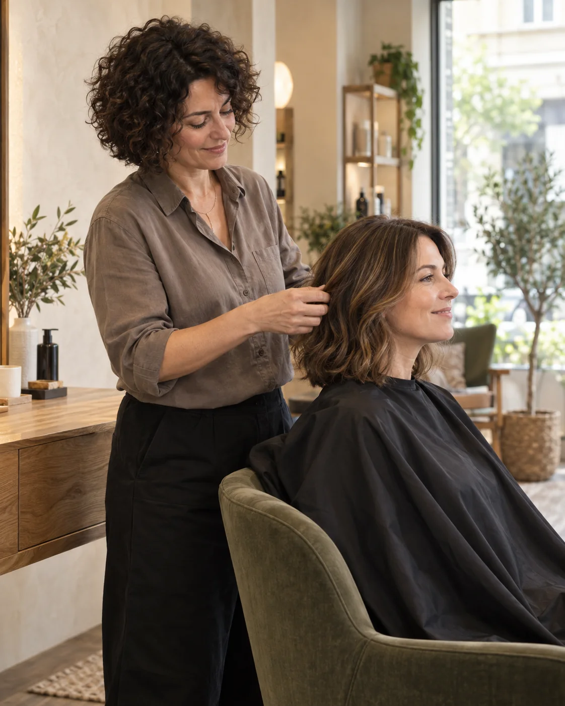 Une coiffeuse apporte une dernière attention à la coiffure de sa cliente.