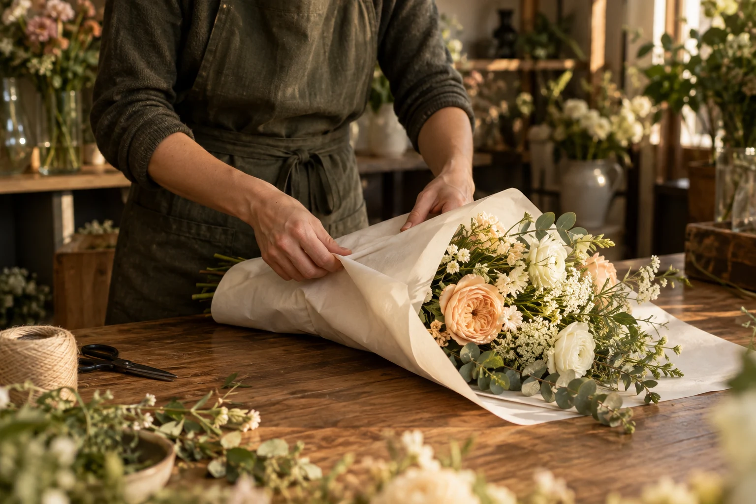 Les mains d’une fleuriste composent et enveloppent un bouquet sur son comptoir en bois.