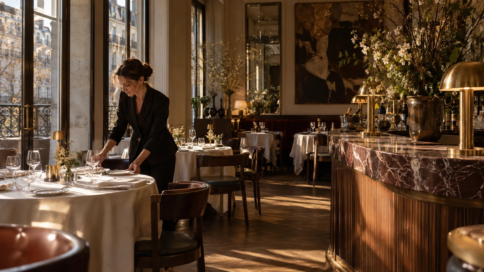 Une restauratrice prépare la salle de son établissement avant le service.